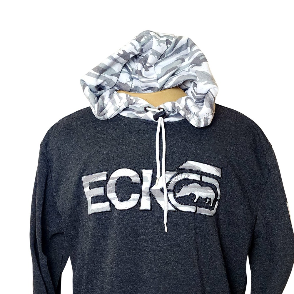 Ecko Unltd Hoodie XL Mens Gray White Y2k Camo Rhino Logo Streetwear Pullover